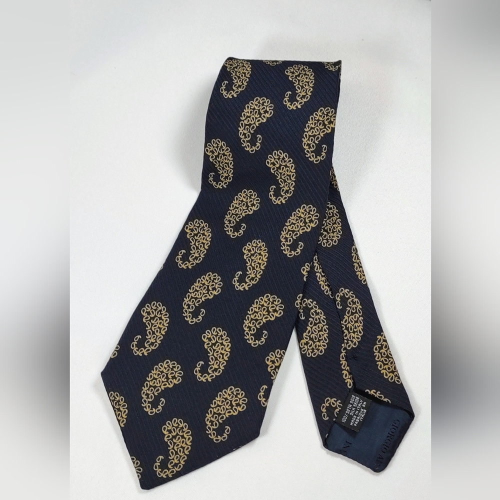 Giorgio Armani Cravatte Dark Blue Tie with Gold Paisley Pattern